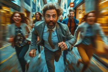 Obraz premium An excited man in a suit runs with a motion blur effect, evoking urgency and dynamism in the city