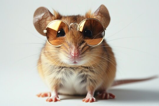 A cute mouse wearing stylish round sunglasses posing for a whimsical portrait.