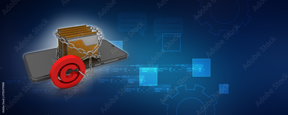 Poster 3d rendering yellow folder and copyright lock in mobile phone. data security concept