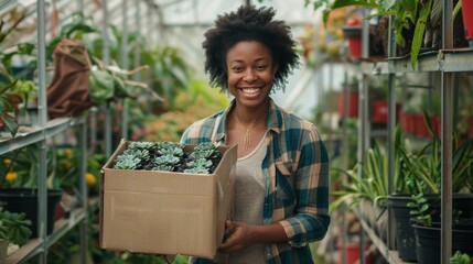 Smiling Woman Holding Plant Box