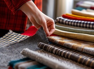 A person holding fabric samples for interior design taking into account the color and texture of...