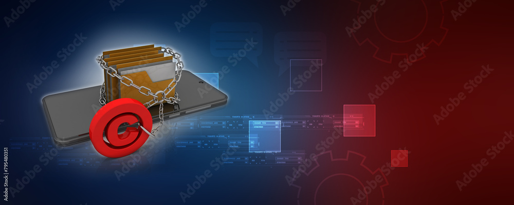 Poster 3d rendering yellow folder and copyright lock in mobile phone. data security concept