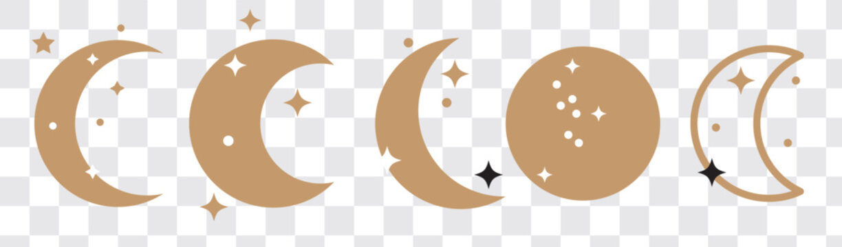 A set of gold moon and sparkling starlight illustrations of various shapes. The moon has the shape of a crescent, half, or full moon.