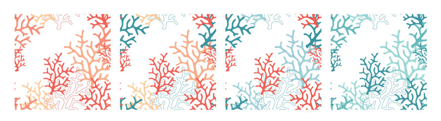 Set of Seamless Simple Summer Marine Symmetrical Uniform Pattern With Corals, Pink And Blue, With Single Element, Outline And Flat Coral Image. White background Vector illustration EPS10