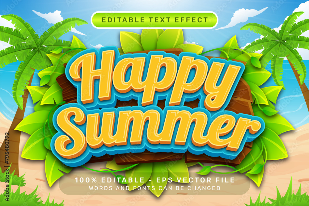 Poster happy summer 3d text effect and editable text effect with a beach background