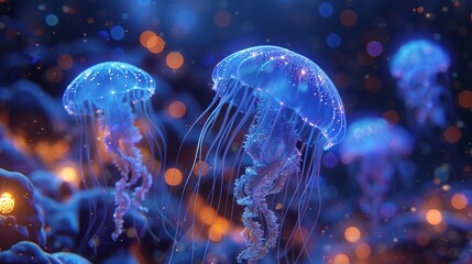 Bioluminescent Jellyfish, Clear Tentacles, Glowing under the Moonlight, Serene Night Ocean Scene, 3D Render, Silhouette Lighting, Bokeh Effect - obrazy, fototapety, plakaty