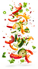 Explosion of fresh sliced vegetables flying on white background.