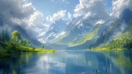 A Painting of a Lake With Mountains
