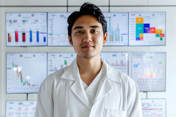 Investing in healthcare stock sector and fund, confident doctor in front of financial data chart and graph screen, healthcare data