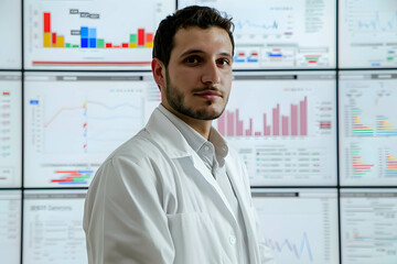 Fototapeta na wymiar Investing in healthcare stock sector and fund, confident doctor in front of financial data chart and graph screen, healthcare data