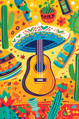 Cinco de Mayo, Mexican colorful summer fiesta, sombrero hat, Maracas Margarita cocktail, colorful Mexican decorations. Greeting banner card for Mexican Cinco de Mayo fiesta, Mexican background