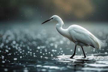 A white egret stands amidst glistening water droplets, emanating peace and serenity in a natural aquatic setting - obrazy, fototapety, plakaty