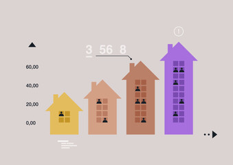 Ascending Property Value Illustrated in a Housing Market Infographic, Stylized buildings aligned with rising graphics showcasing investment growth - obrazy, fototapety, plakaty