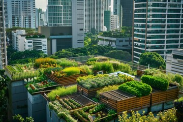 Urban rooftop garden with lush vegetation and beehives, promoting green spaces in cities
