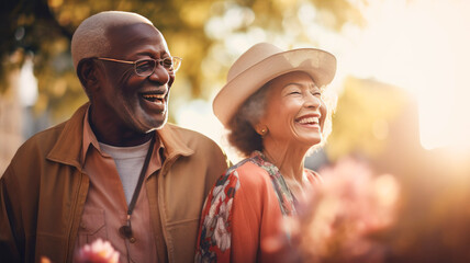 Elderly African Americans are happily laughing and walking