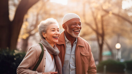 Elderly African Americans are happily laughing and walking