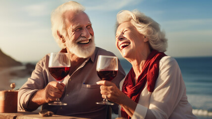 pensioners drink wine and laugh