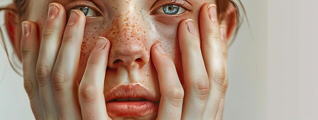 woman with natural skin touching her face - Powered by Adobe