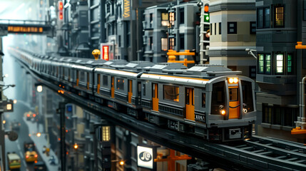 A lego subway system with trains running on elevate