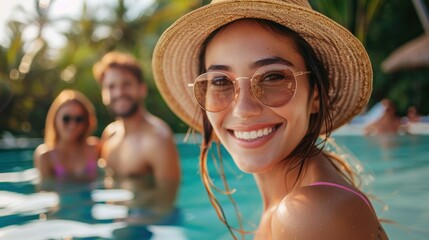 Relaxed young woman smiling in a straw hat with friends at poolside
