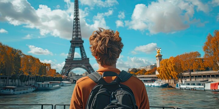 Traveling teenager taking photos of the Eiffel tower in Paris, France on camera, enjoying the beautiful view. 16k ultra HD resolution