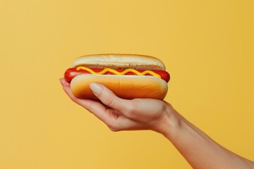 Closeup minimalist advertisement showing a hand with a hot dog, solid pastel yellow background, studio lighting, , moody lighting