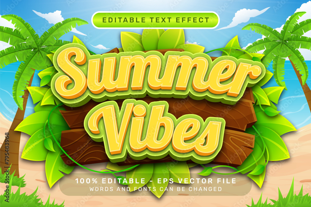 Poster summer vibes 3d text effect and editable text effect with a beach background