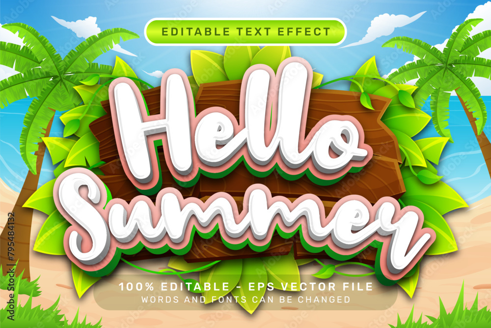 Poster hello summer 3d text effect and editable text effect with a beach background