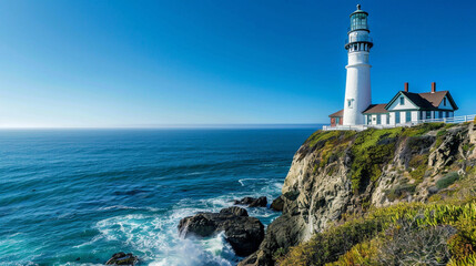 Fototapeta premium A lighthouse on the edge of an ocean cliff, overlooking blue waters and sandy beaches 