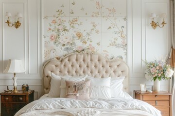A large bed with a floral wallpaper and a floral headboard. The bed is covered in white sheets and pillows. A vase of flowers sits on the nightstand next to the bed