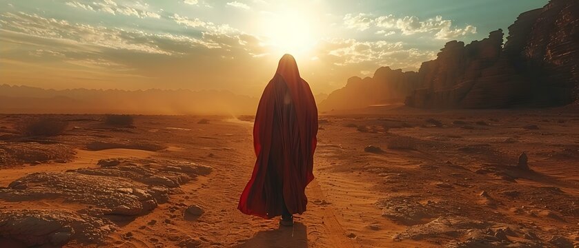 Jesus in desert resisting temptation against adversary symbolic spiritual struggle. Concept Symbolic Spiritual Struggle, Desert Temptation, Jesus' Resilience, Adversary Defeat, Biblical Narrative