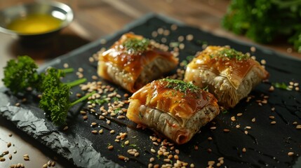 Three food rolls with sesame seeds on black plate