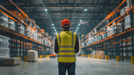 A male worker in safety gear stands in a vast warehouse, possibly supervising or planning