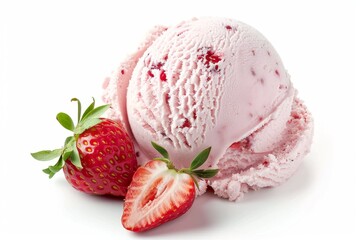 Cold ice cream variety features chocolate elements closely aligned in dessert concept with a frozen strawberry scoop, serving up an illustrative cone dessert.