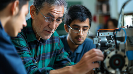 Senior male engineer teaching a young student about complex machinery in a lab