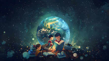 Naklejka premium An illustration of teacher with two children sitting on the ground and reading a book with planet earth in the background. Teachers day. Back to school. Student day