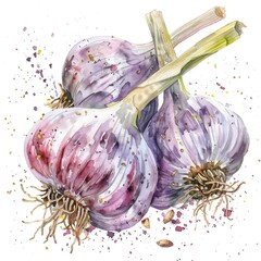 A striking watercolor depiction of garlic bulbs with earth-toned splashes