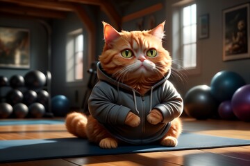 cat plays sports in the gym, does yoga