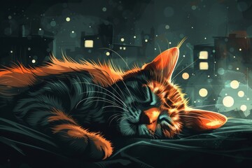Serene Feline Sleep Under Starlit Urban Sky: A Vivid Night Illustration of Dreamy Cat Repose. - 795486108