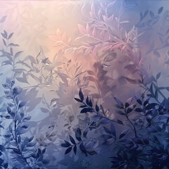 background wall frosted stained glass with imprints of twigs and leaves in blue and pink tones