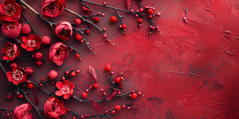 A striking arrangement of red blooms on a dark richly textured red backdrop expressing deep emotions