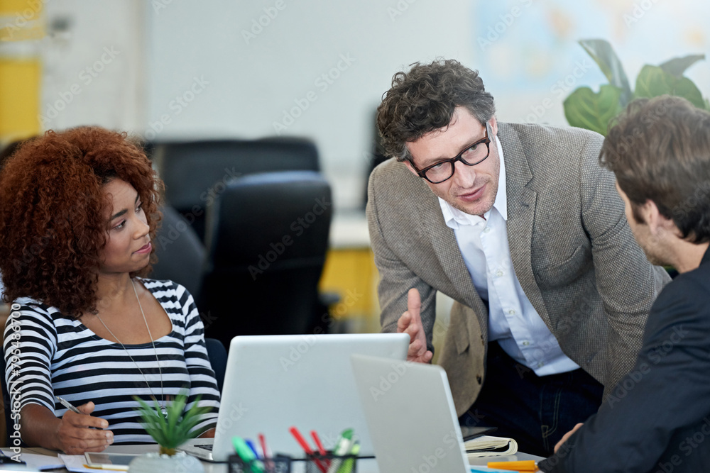 Poster manager, man and employee for conversation in office, colleagues and teaching in workplace. leader, 
