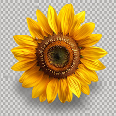A meticulously designed graphic image of a sunflower with visible detailed texture and a small bee hovering on top on a transparent background