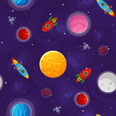 Space cartoon seamless pattern.  Cute design for
