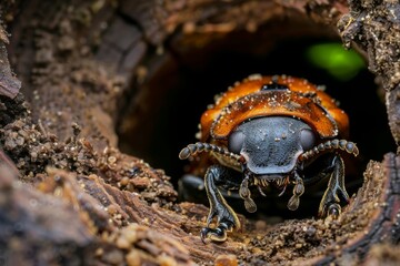 Fototapeta premium Close up of a beetle burrowing in rotting wood, illustrating the role of decomposers in nutrient cycling
