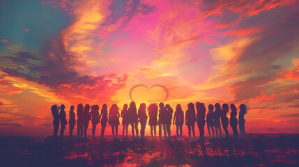
 A diverse group of silhouetted women stands in solidarity against a colorful sunset backdrop, their profiles forming the shape of a heart, portraying unity and empowerment, beautifully 