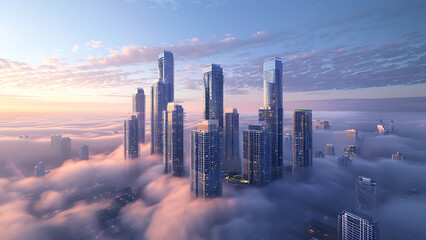 Aerial view of skyscrapers in the clouds. - obrazy, fototapety, plakaty