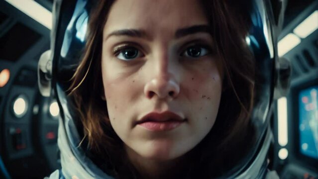 Woman cosmonaut in outer space and spacesuit among the stars.