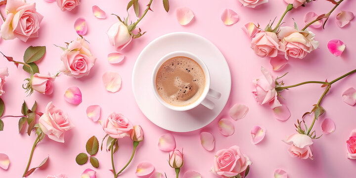 A beautifully styled flatlay of a hot coffee cup surrounded by light pink roses and petals, creating a sense of warmth and delicate beauty