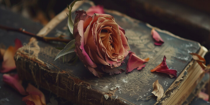 Delicate rose positioned on an antique book amidst a cascade of fallen petals suggests reminiscence and love